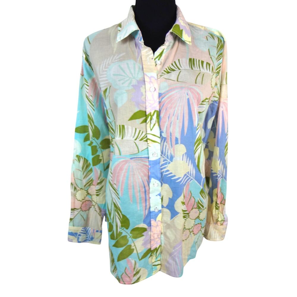 Talbots Tropical Floral Hawaiian Button Down COTTON Top Tunic Womens Large